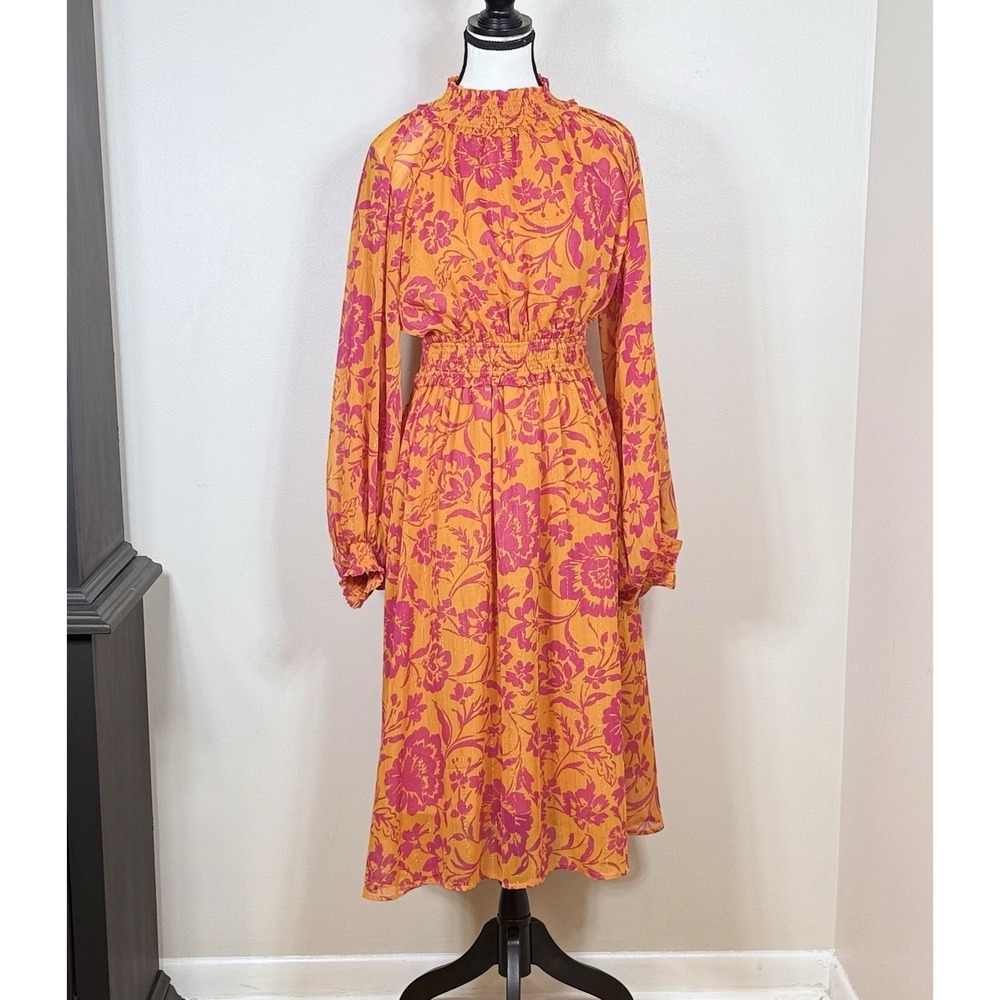 ODDY Womens Floral Midi Dress Size M Smocked Waist Sheer Balloon Sleeve Modest